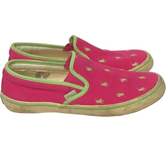 POLO RALPH LAUREN Canvas Sneakers Size 9 Pink Green Logo Loafers Slip ons Womens - Picture 5 of 12